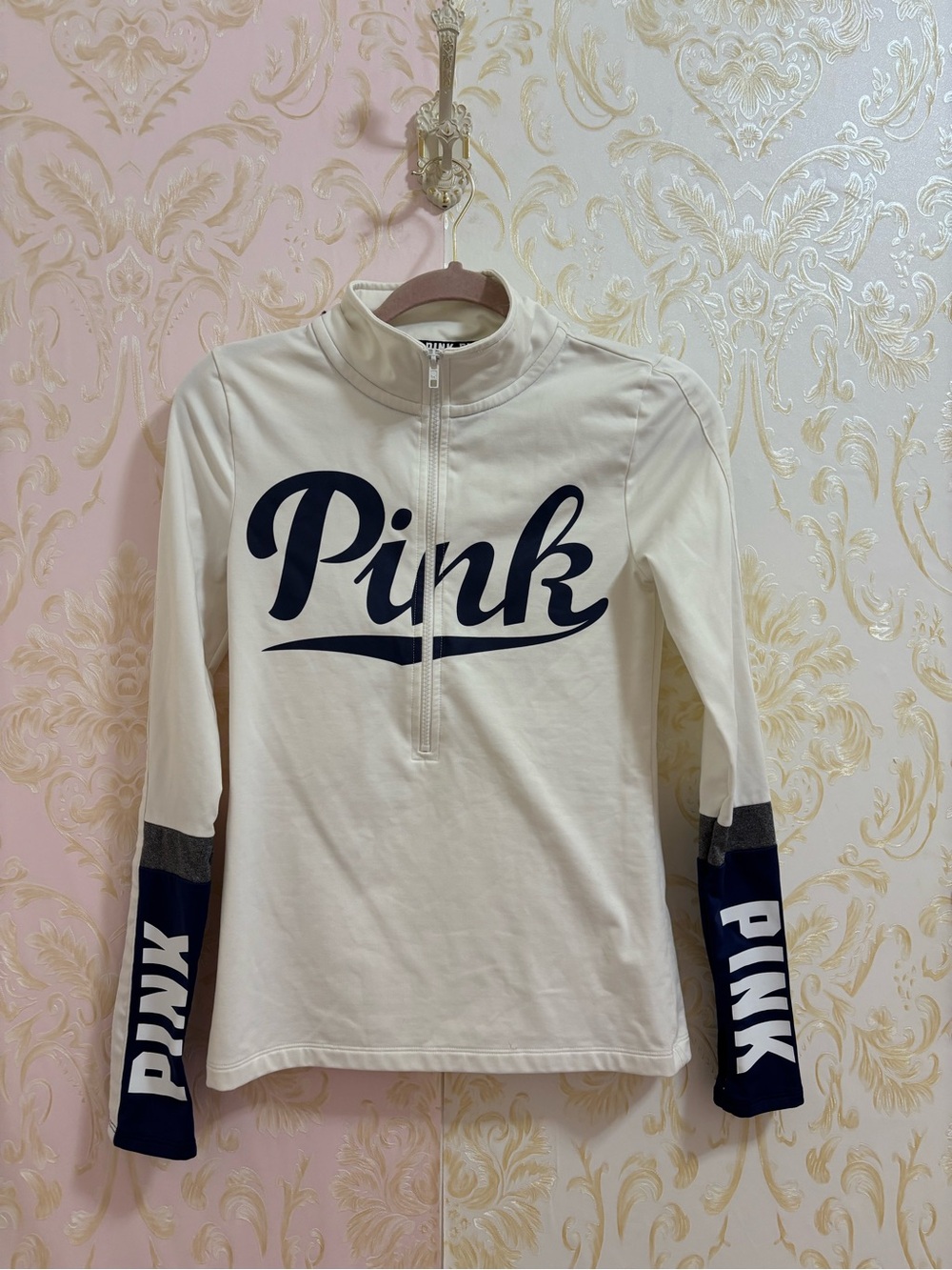 PINK Victoria's Secret Cream Half-Zip Logo Long-Sleeve Top with Navy Accents